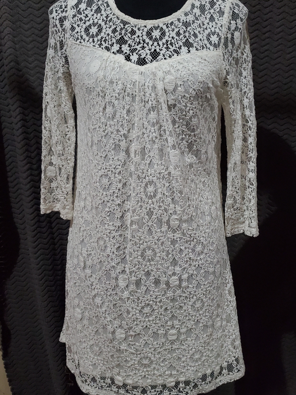Ivory Lace Maxi Dress with Sheer Yoke and Three-Quarter Sleeves
